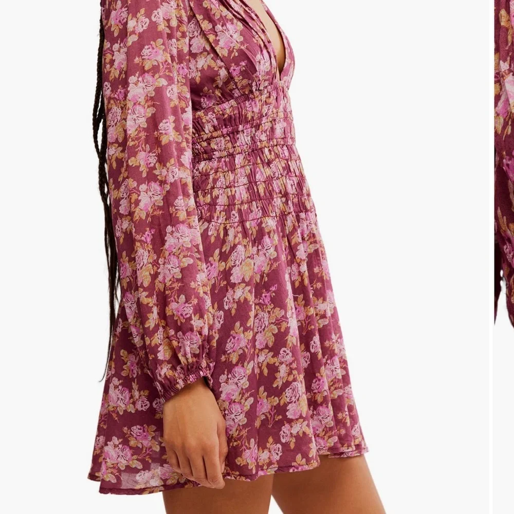 Free People Maive Long Sleeve Mauve ORANGE Floral Mini Dress Ruching NEW